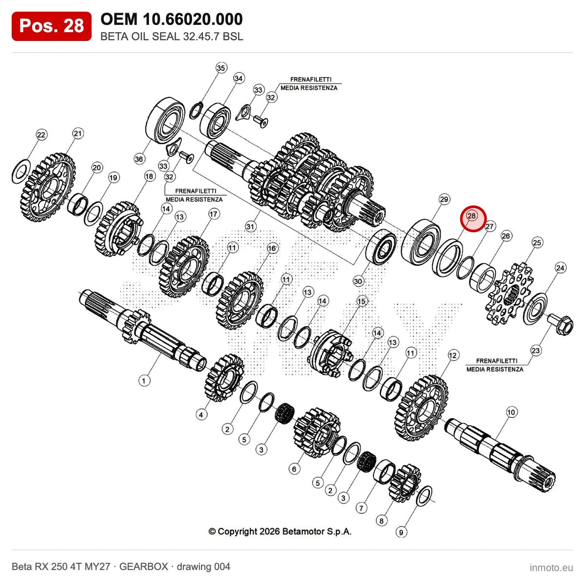 BETA OIL SEAL 32.45.7 BSL – OEM 10.66020.000, position 28 on the Beta RX 250 4T MY27 gearbox drawing