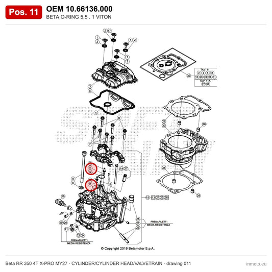 BETA O-RING 5,5 . 1 VITON – OEM 10.66136.000, position 11 on the Beta RR 350 4T X-PRO MY27 cylinder/cylinder head/valvetrain drawing