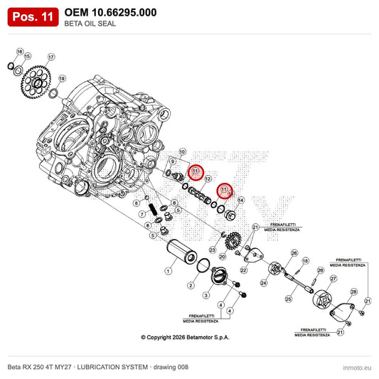 BETA OIL SEAL – OEM 10.66295.000, position 11 on the Beta RX 250 4T MY27 lubrication system drawing