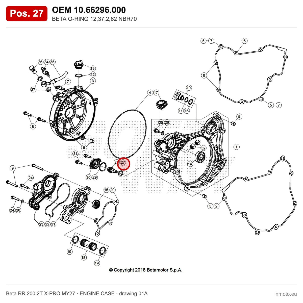 BETA O-RING 12,37,2,62 NBR70 – OEM 10.66296.000, position 27 on the Beta RR 200 2T X-PRO MY27 engine case drawing