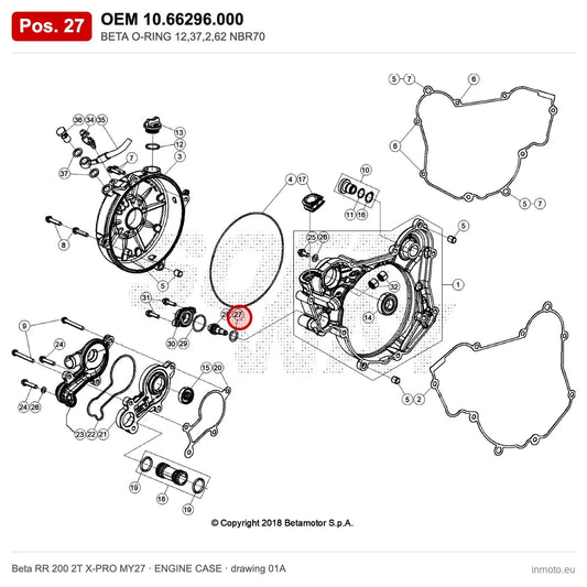 BETA O-RING 12,37,2,62 NBR70 – OEM 10.66296.000, position 27 on the Beta RR 200 2T X-PRO MY27 engine case drawing