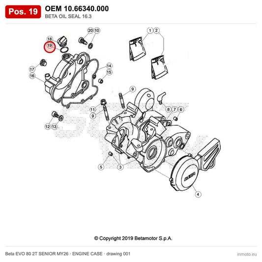 BETA OIL SEAL 16.3 – OEM 10.66340.000, position 19 on the Beta EVO 80 2T SENIOR MY26 engine case drawing