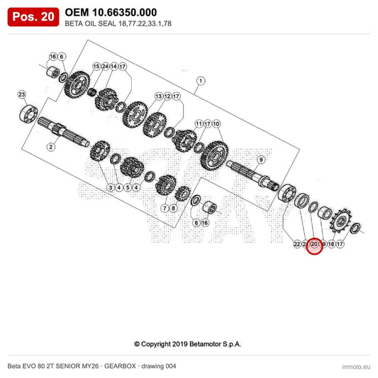 BETA OIL SEAL 18,77.22,33.1,78 – OEM 10.66350.000, position 20 on the Beta EVO 80 2T SENIOR MY26 gearbox drawing