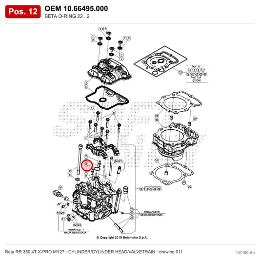BETA O-RING 22 . 2 – OEM 10.66495.000, position 12 on the Beta RR 350 4T X-PRO MY27 cylinder/cylinder head/valvetrain drawing