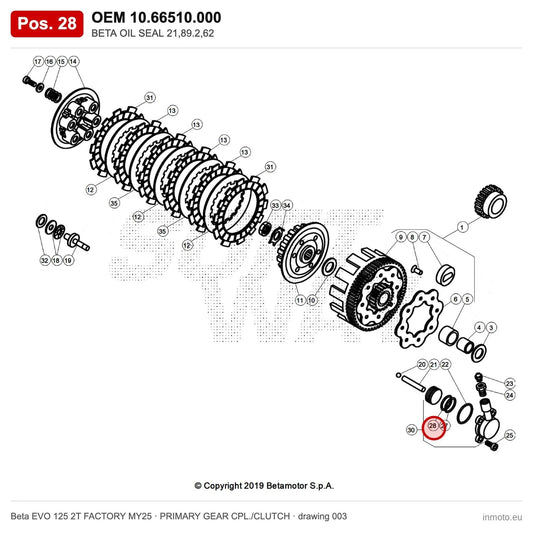 BETA OIL SEAL 21,89.2,62 – OEM 10.66510.000, position 28 on the Beta EVO 125 2T FACTORY MY25 primary gear cpl./clutch drawing