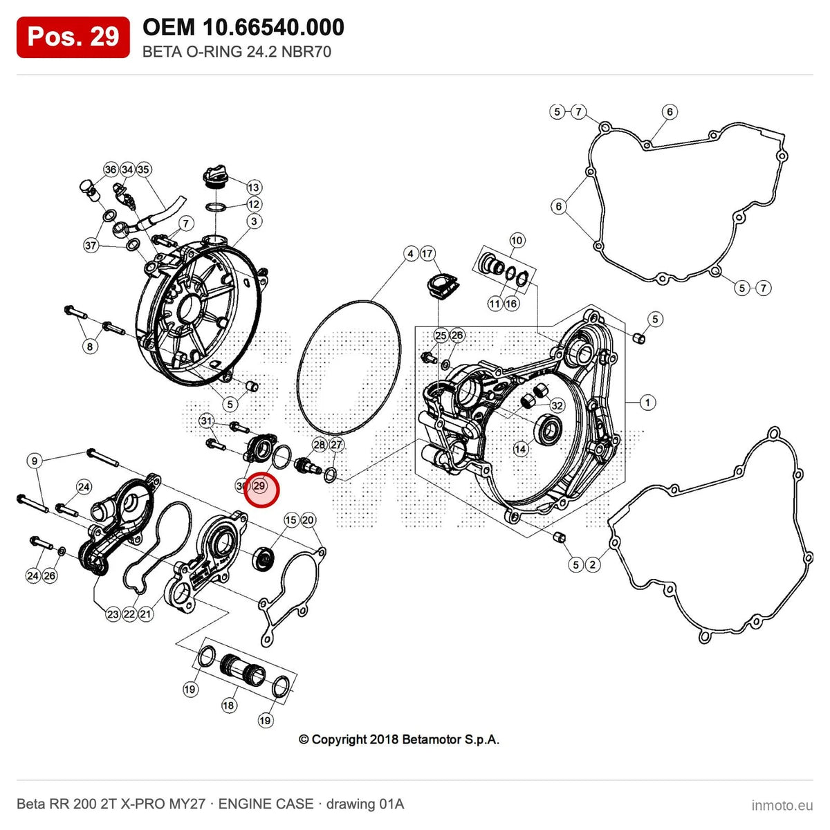 BETA O-RING 24.2 NBR70 – OEM 10.66540.000, position 29 on the Beta RR 200 2T X-PRO MY27 engine case drawing