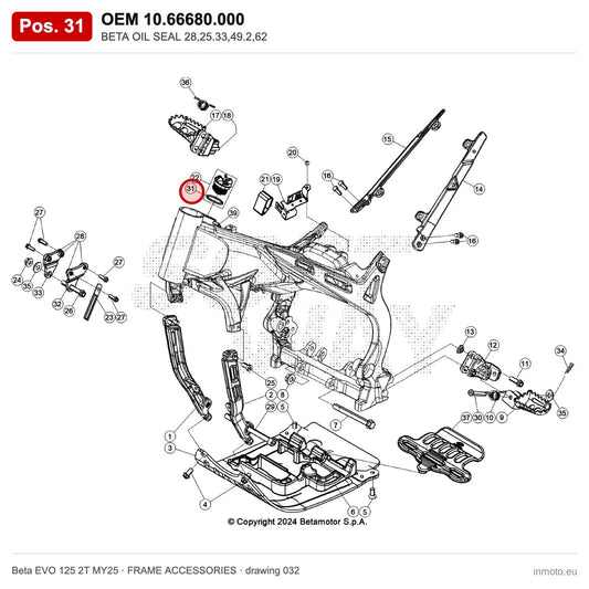 BETA OIL SEAL 28,25.33,49.2,62 – OEM 10.66680.000, position 31 on the Beta EVO 125 2T MY25 frame accessories drawing