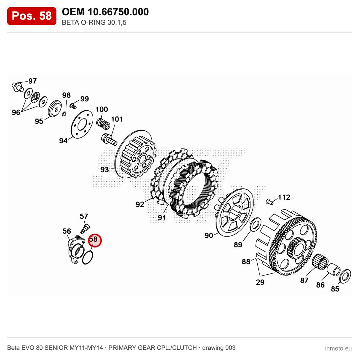 BETA O-RING 30.1,5 – OEM 10.66750.000, position 58 on the Beta EVO 80 SENIOR MY11-MY14 primary gear cpl./clutch drawing