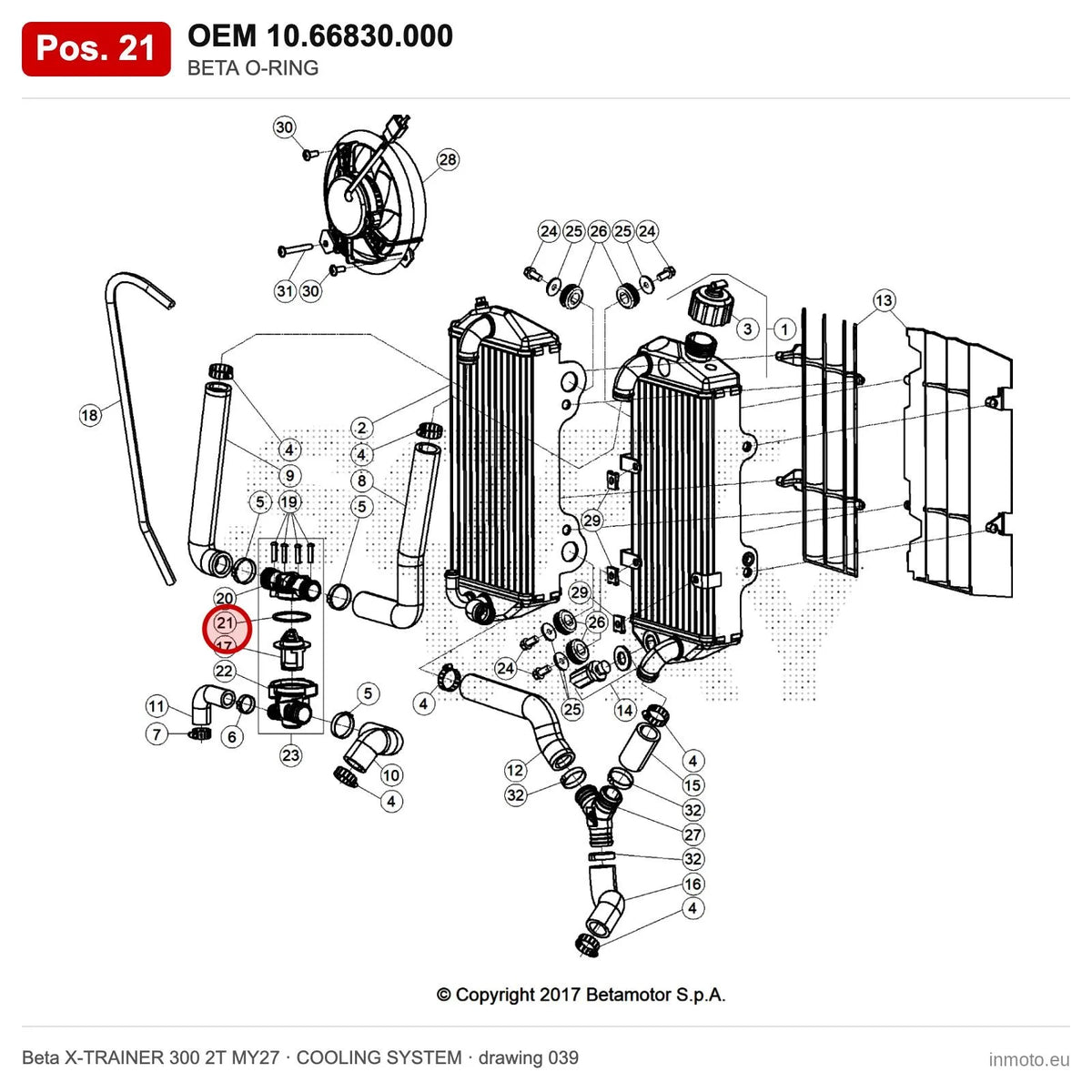BETA O-RING – OEM 10.66830.000, position 21 on the Beta X-TRAINER 300 2T MY27 cooling system drawing