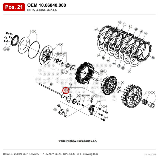 BETA O-RING 33X1,5 – OEM 10.66840.000, position 21 on the Beta RR 250 2T X-PRO MY27 primary gear cpl./clutch drawing