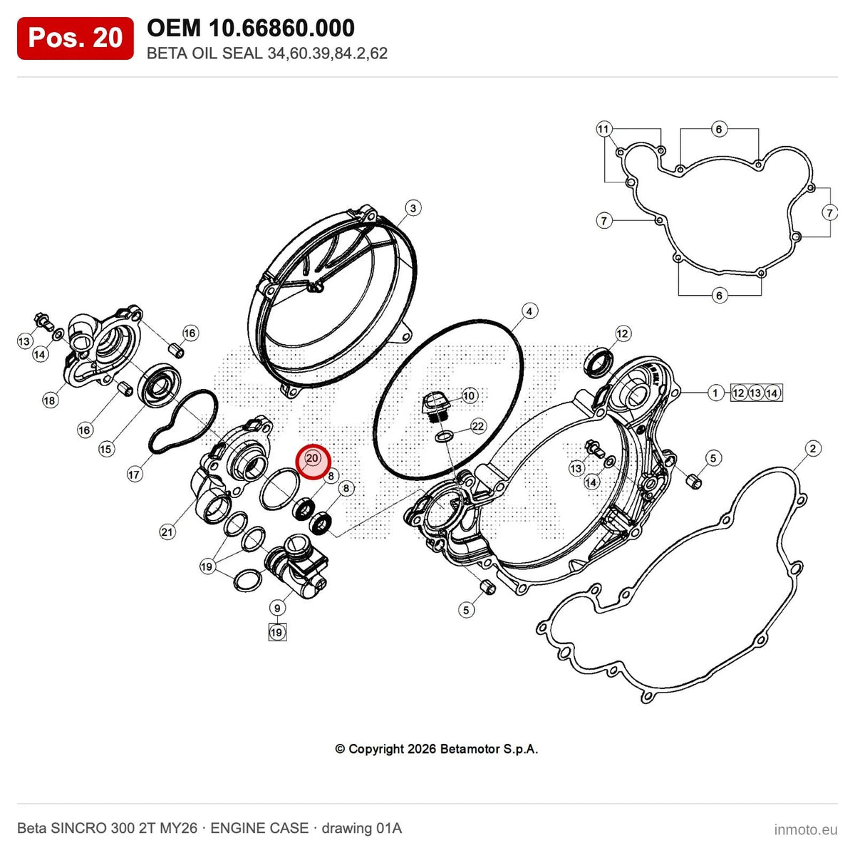 BETA OIL SEAL 34,60.39,84.2,62 – OEM 10.66860.000, position 20 on the Beta SINCRO 300 2T MY26 engine case drawing