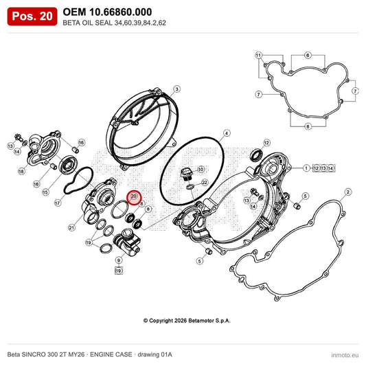 BETA OIL SEAL 34,60.39,84.2,62 – OEM 10.66860.000, position 20 on the Beta SINCRO 300 2T MY26 engine case drawing
