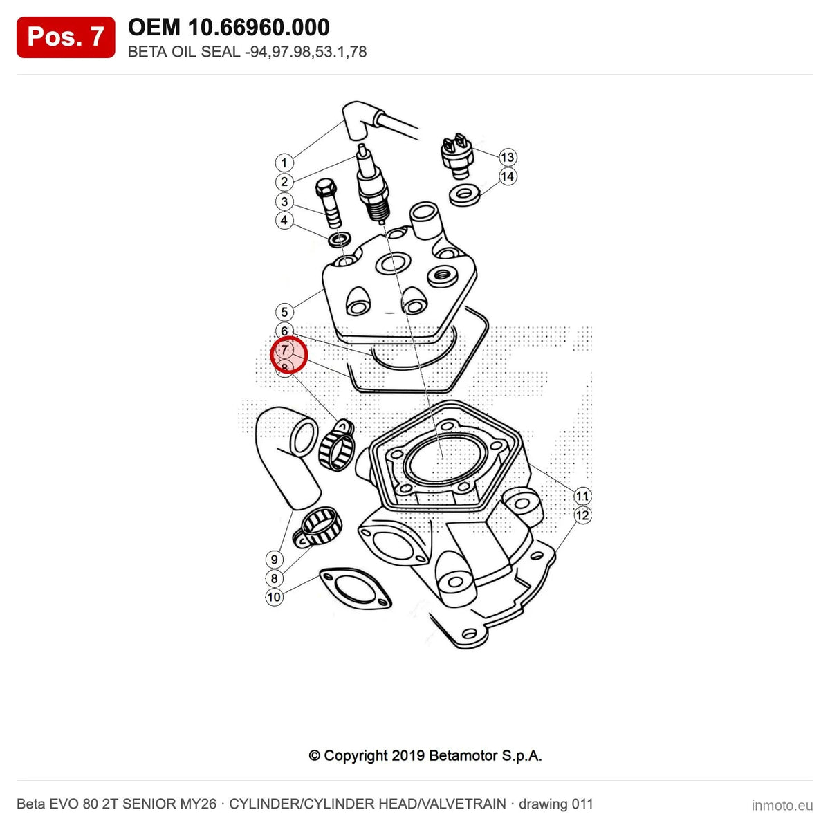 BETA OIL SEAL -94,97.98,53.1,78 – OEM 10.66960.000, position 7 on the Beta EVO 80 2T SENIOR MY26 cylinder/cylinder head/valvetrain drawing