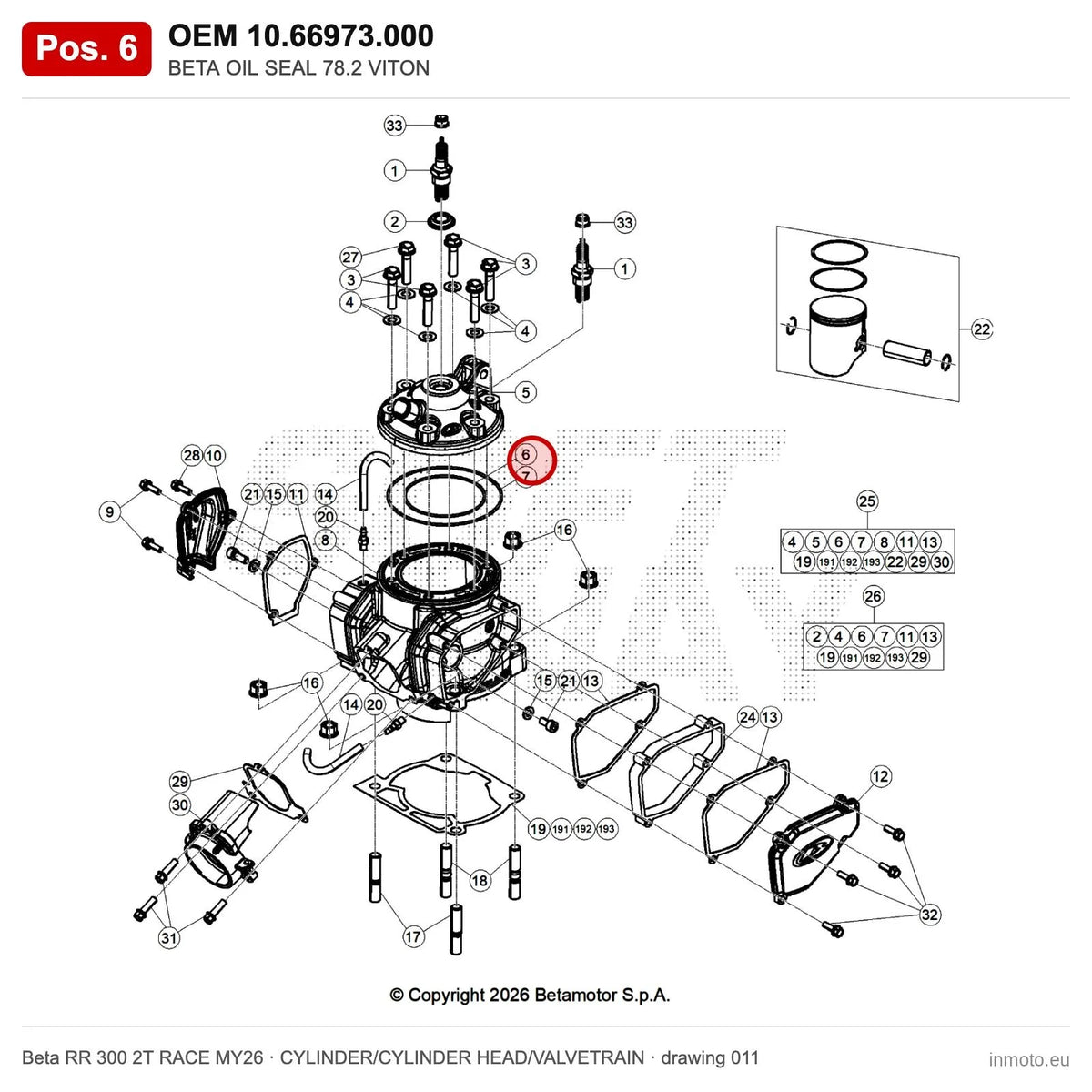BETA OIL SEAL 78.2 VITON – OEM 10.66973.000, position 6 on the Beta RR 300 2T RACE MY26 cylinder/cylinder head/valvetrain drawing