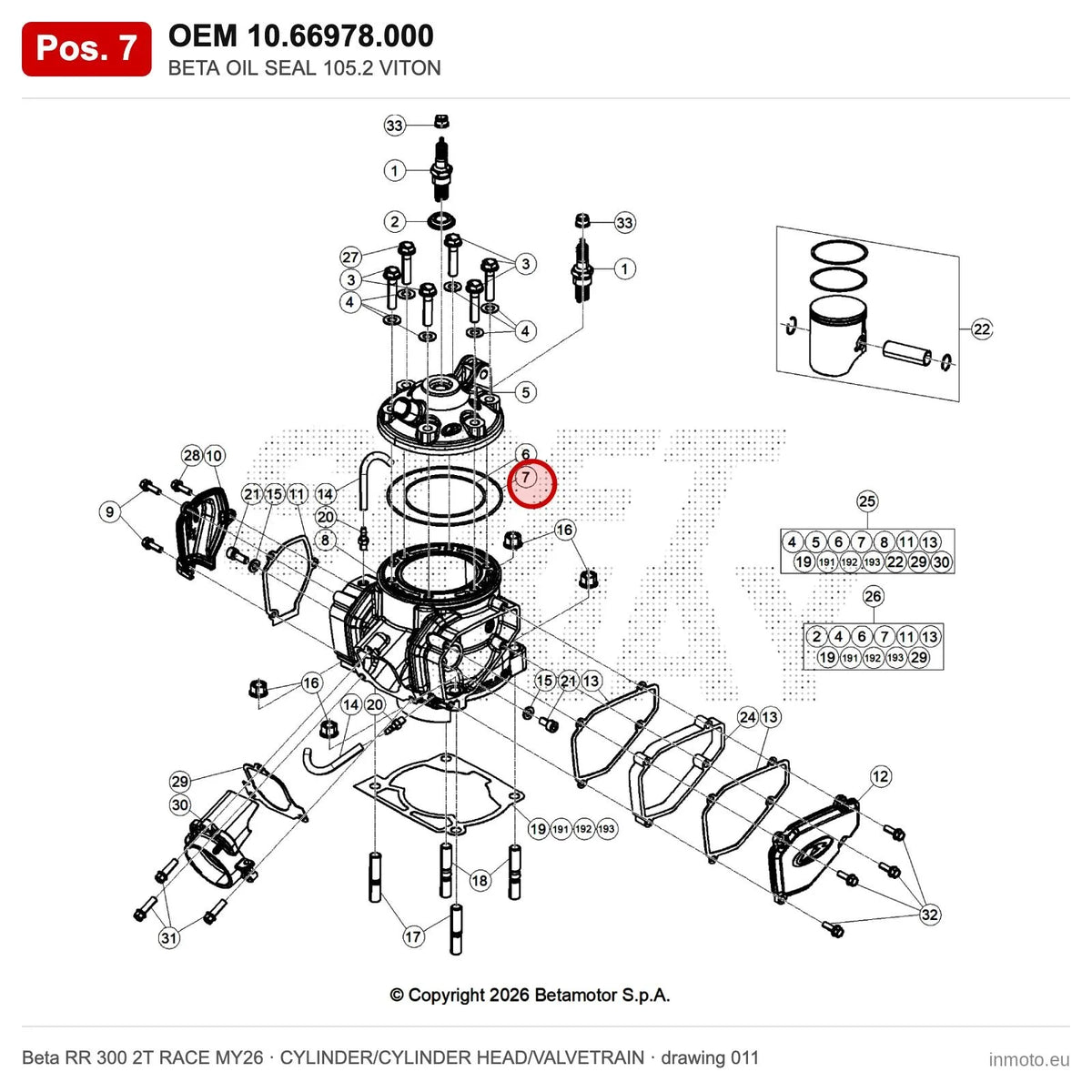 BETA OIL SEAL 105.2 VITON – OEM 10.66978.000, position 7 on the Beta RR 300 2T RACE MY26 cylinder/cylinder head/valvetrain drawing