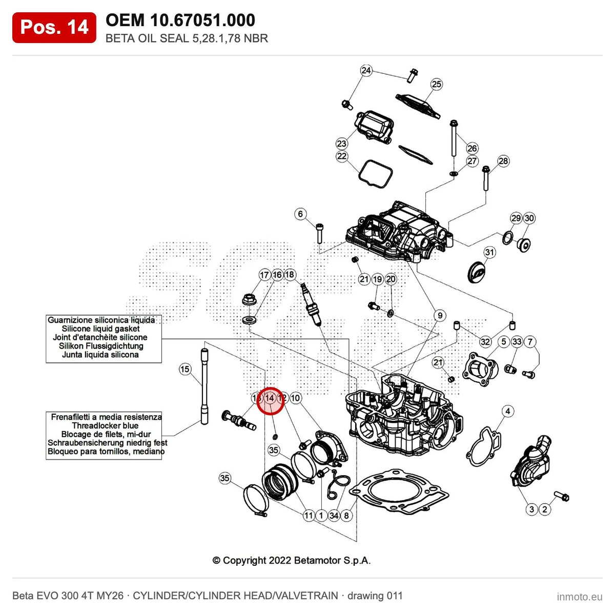 BETA OIL SEAL 5,28.1,78 NBR – OEM 10.67051.000, position 14 on the Beta EVO 300 4T MY26 cylinder/cylinder head/valvetrain drawing