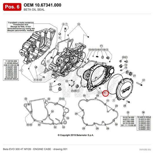 BETA OIL SEAL – OEM 10.67341.000, position 6 on the Beta EVO 300 4T MY26 engine case drawing