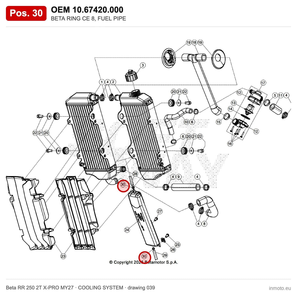 BETA RING CE 8, FUEL PIPE – OEM 10.67420.000, position 30 on the Beta RR 250 2T X-PRO MY27 cooling system drawing