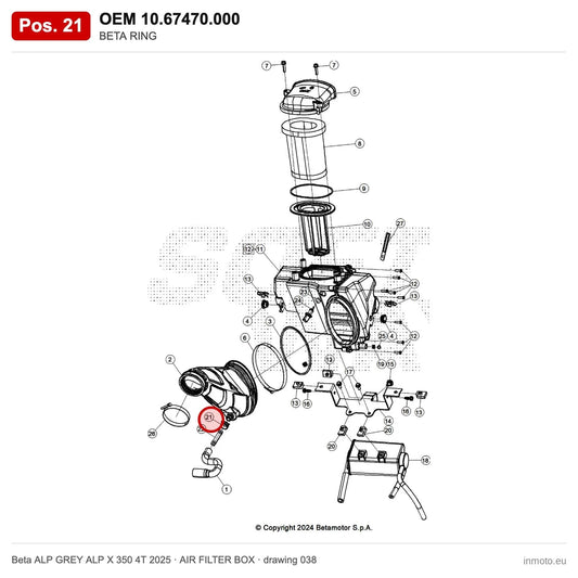 BETA RING – OEM 10.67470.000, position 21 on the Beta ALP GREY ALP X 350 4T 2025 air filter box drawing