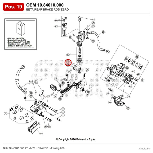 BETA REAR BRAKE ROD ZERO – OEM 10.84010.000, position 19 on the Beta SINCRO 300 2T MY26 brakes drawing