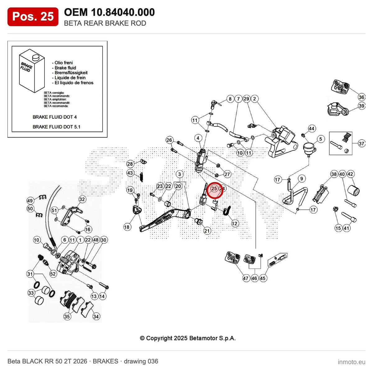 BETA REAR BRAKE ROD – OEM 10.84040.000, position 25 on the Beta BLACK RR 50 2T 2026 brakes drawing