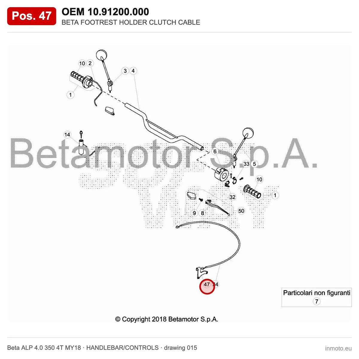BETA FOOTREST HOLDER CLUTCH CABLE – OEM 10.91200.000, position 47 on the Beta ALP 4.0 350 4T MY18 handlebar/controls drawing