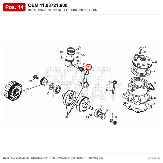 BETA CONNECTING ROD TECHNO 200 CC -GB- – OEM 11.03721.800, position 14 on the Beta REV 200 MY08 crankshaft/piston/balancer shaft drawing