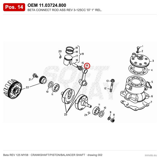 BETA CONNECT ROD ASS REV 3-125CC '07 1° REL. – OEM 11.03724.800, position 14 on the Beta REV 125 MY08 crankshaft/piston/balancer shaft drawing