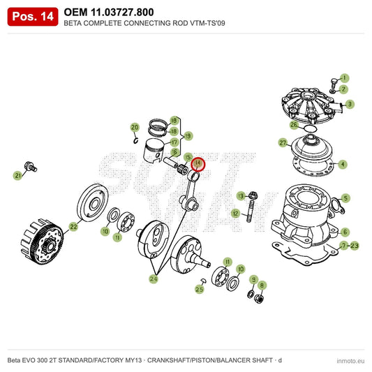 BETA COMPLETE CONNECTING ROD VTM-TS'09 – OEM 11.03727.800, position 14 on the Beta EVO 300 2T STANDARD/FACTORY MY13 crankshaft/piston/balancer shaft drawing