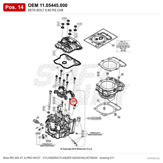 BETA BOLT 6.80 RS CH8 – OEM 11.05445.000, position 14 on the Beta RR 350 4T X-PRO MY27 cylinder/cylinder head/valvetrain drawing