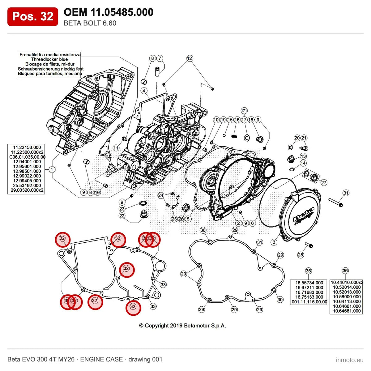 BETA BOLT 6.60 – OEM 11.05485.000, position 32 on the Beta EVO 300 4T MY26 engine case drawing