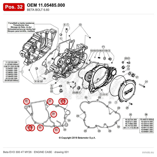 BETA BOLT 6.60 – OEM 11.05485.000, position 32 on the Beta EVO 300 4T MY26 engine case drawing