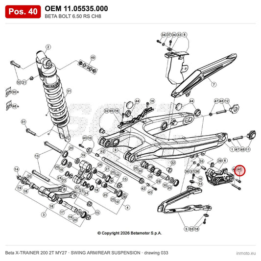 BETA BOLT 6.50 RS CH8 – OEM 11.05535.000, position 40 on the Beta X-TRAINER 200 2T MY27 swing arm/rear suspension drawing
