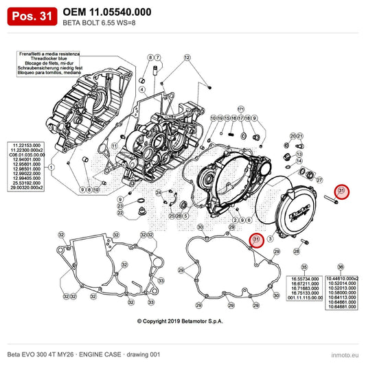 BETA BOLT 6.55 WS=8 – OEM 11.05540.000, position 31 on the Beta EVO 300 4T MY26 engine case drawing