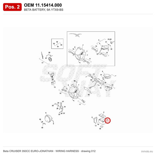 BETA BATTERY, 9A YTX9-BS – OEM 11.15414.000, position 2 on the Beta CRUISER 350CC EURO-JONATHAN wiring harness drawing