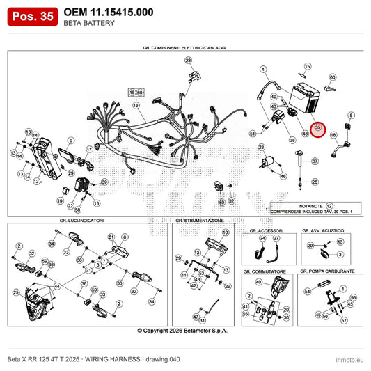 BETA BATTERY – OEM 11.15415.000, position 35 on the Beta X RR 125 4T T 2026 wiring harness drawing