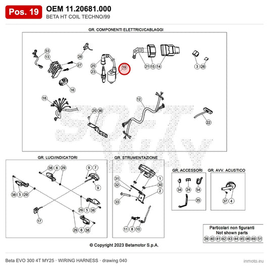 BETA HT COIL TECHNO/99 – OEM 11.20681.000, position 19 on the Beta EVO 300 4T MY25 wiring harness drawing