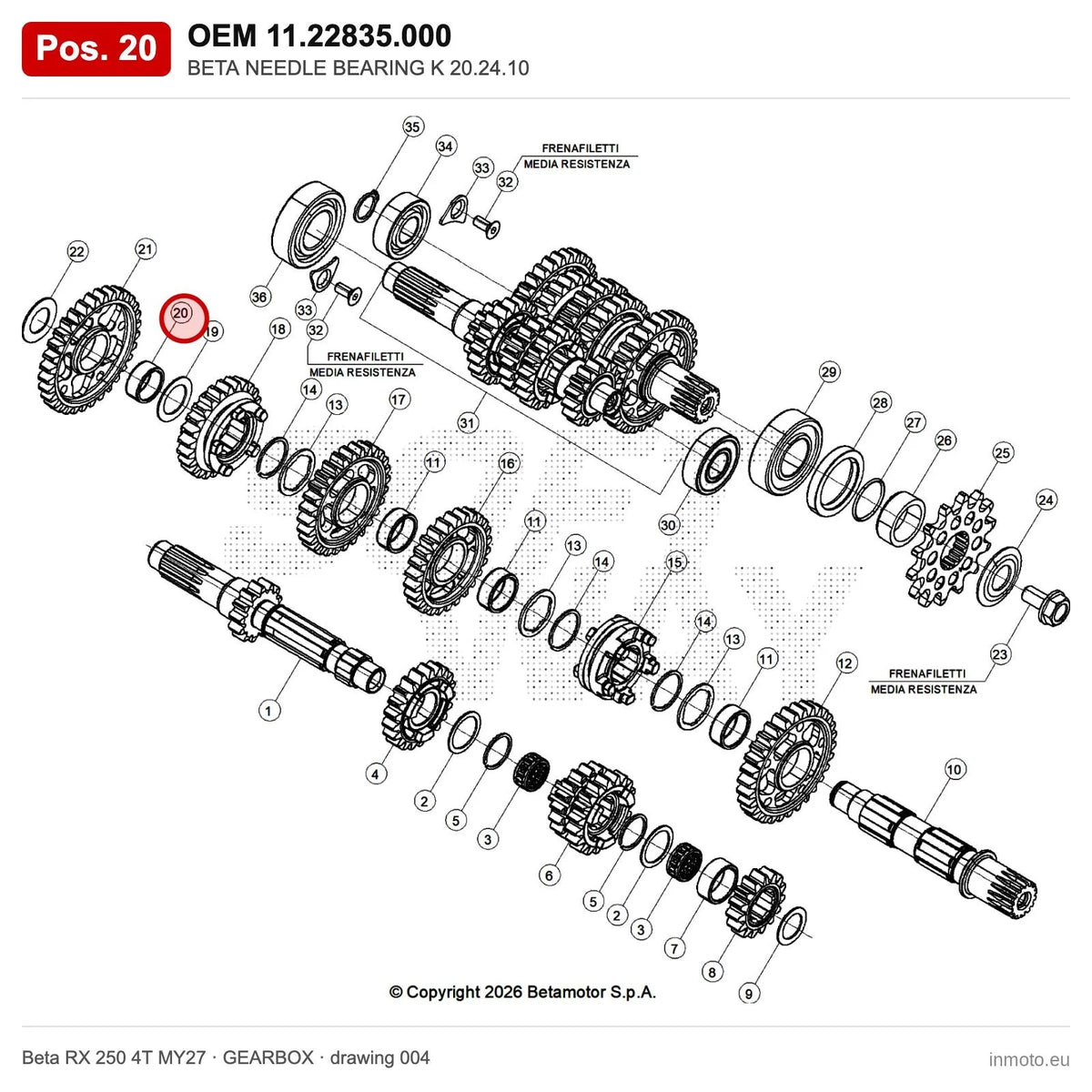 BETA NEEDLE BEARING K 20.24.10 – OEM 11.22835.000, position 20 on the Beta RX 250 4T MY27 gearbox drawing