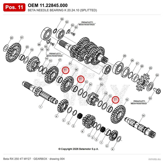 BETA NEEDLE BEARING K 20.24.10 (SPLITTED) – OEM 11.22845.000, position 11 on the Beta RX 250 4T MY27 gearbox drawing