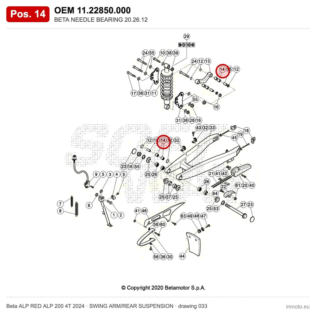 BETA NEEDLE BEARING 20.26.12 – OEM 11.22850.000, position 14 on the Beta ALP RED ALP 200 4T 2024 swing arm/rear suspension drawing