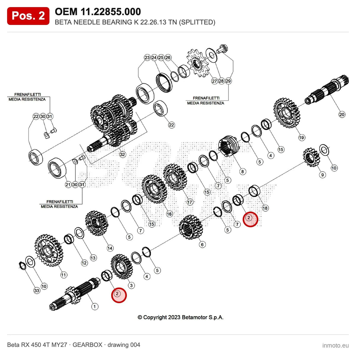 BETA NEEDLE BEARING K 22.26.13 TN (SPLITTED) – OEM 11.22855.000, position 2 on the Beta RX 450 4T MY27 gearbox drawing