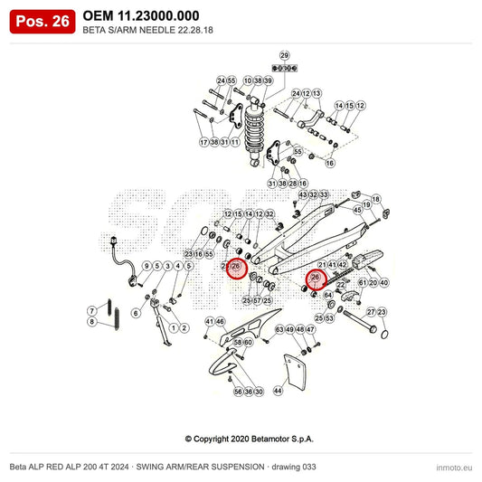 BETA S/ARM NEEDLE 22.28.18 – OEM 11.23000.000, position 26 on the Beta ALP RED ALP 200 4T 2024 swing arm/rear suspension drawing