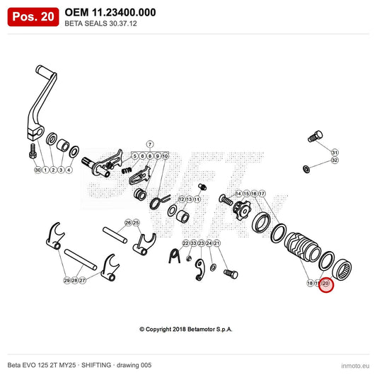 BETA SEALS 30.37.12 – OEM 11.23400.000, position 20 on the Beta EVO 125 2T MY25 shifting drawing