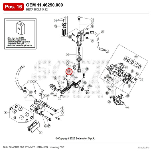 BETA BOLT 5.12 – OEM 11.46250.000, position 16 on the Beta SINCRO 300 2T MY26 brakes drawing