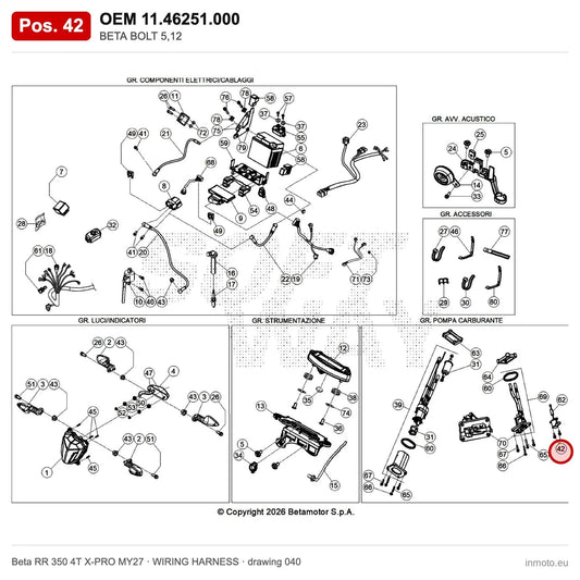 BETA BOLT 5,12 – OEM 11.46251.000, position 42 on the Beta RR 350 4T X-PRO MY27 wiring harness drawing