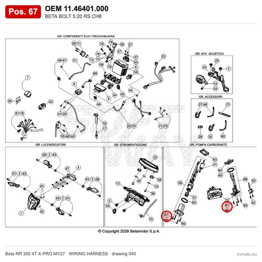 BETA BOLT 5.20 RS CH8 – OEM 11.46401.000, position 67 on the Beta RR 350 4T X-PRO MY27 wiring harness drawing