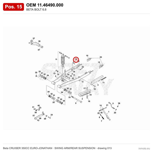 BETA BOLT 6.8 – OEM 11.46490.000, position 15 on the Beta CRUISER 350CC EURO-JONATHAN swing arm/rear suspension drawing