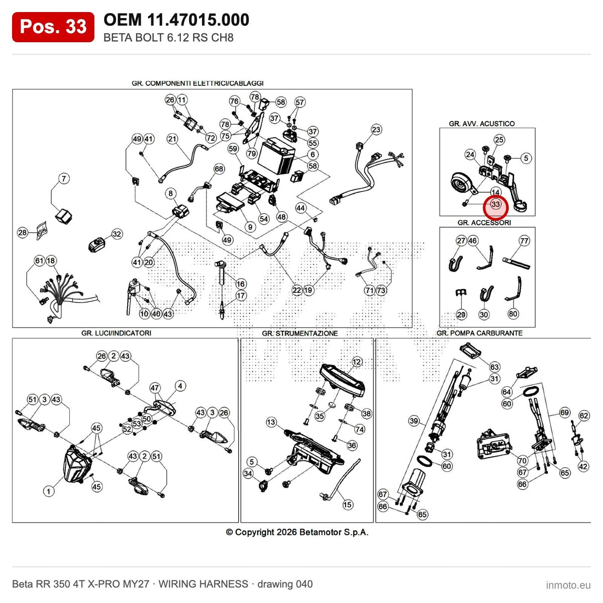 BETA BOLT 6.12 RS CH8 – OEM 11.47015.000, position 33 on the Beta RR 350 4T X-PRO MY27 wiring harness drawing