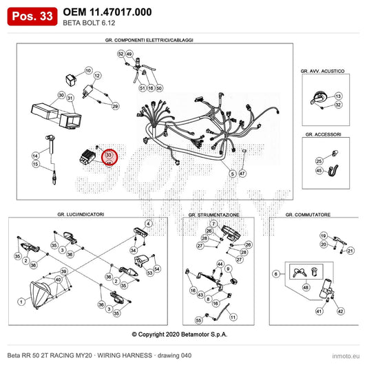 BETA BOLT 6.12 – OEM 11.47017.000, position 33 on the Beta RR 50 2T RACING MY20 wiring harness drawing