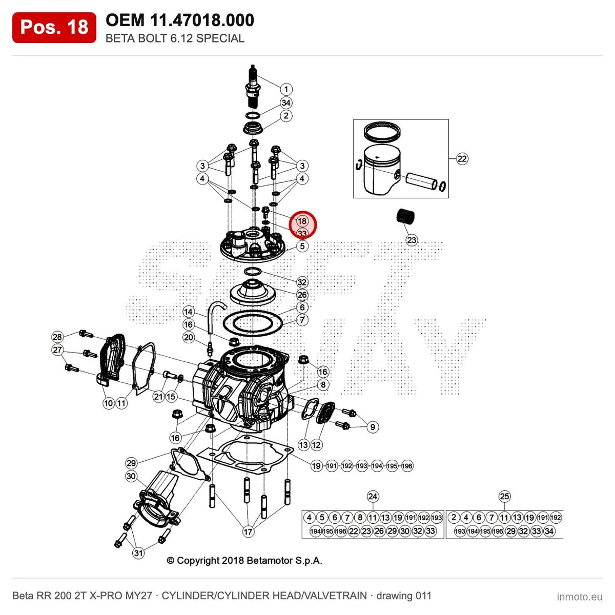 BETA BOLT 6.12 SPECIAL – OEM 11.47018.000, position 18 on the Beta RR 200 2T X-PRO MY27 cylinder/cylinder head/valvetrain drawing